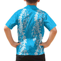 Puakenikeni and Maile Lei Family Matching Off The Shoulder Long Sleeve Dress and Hawaiian Shirt Blue Double Strand Lei LT9 - Polynesian Pride