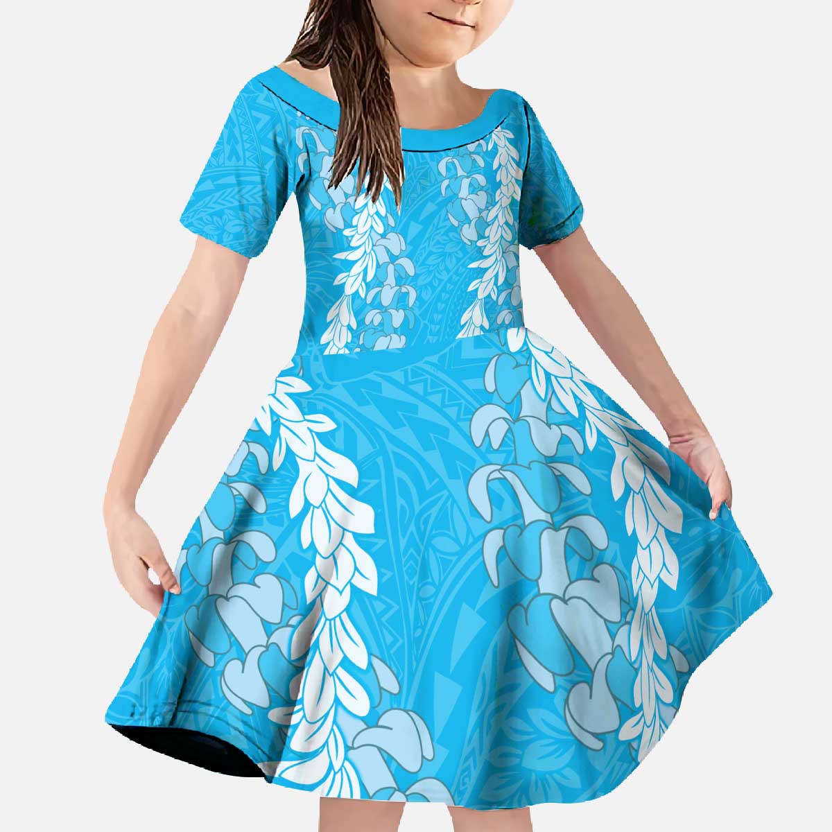 Puakenikeni and Maile Lei Family Matching Off The Shoulder Long Sleeve Dress and Hawaiian Shirt Blue Double Strand Lei LT9 Daughter's Dress Blue - Polynesian Pride