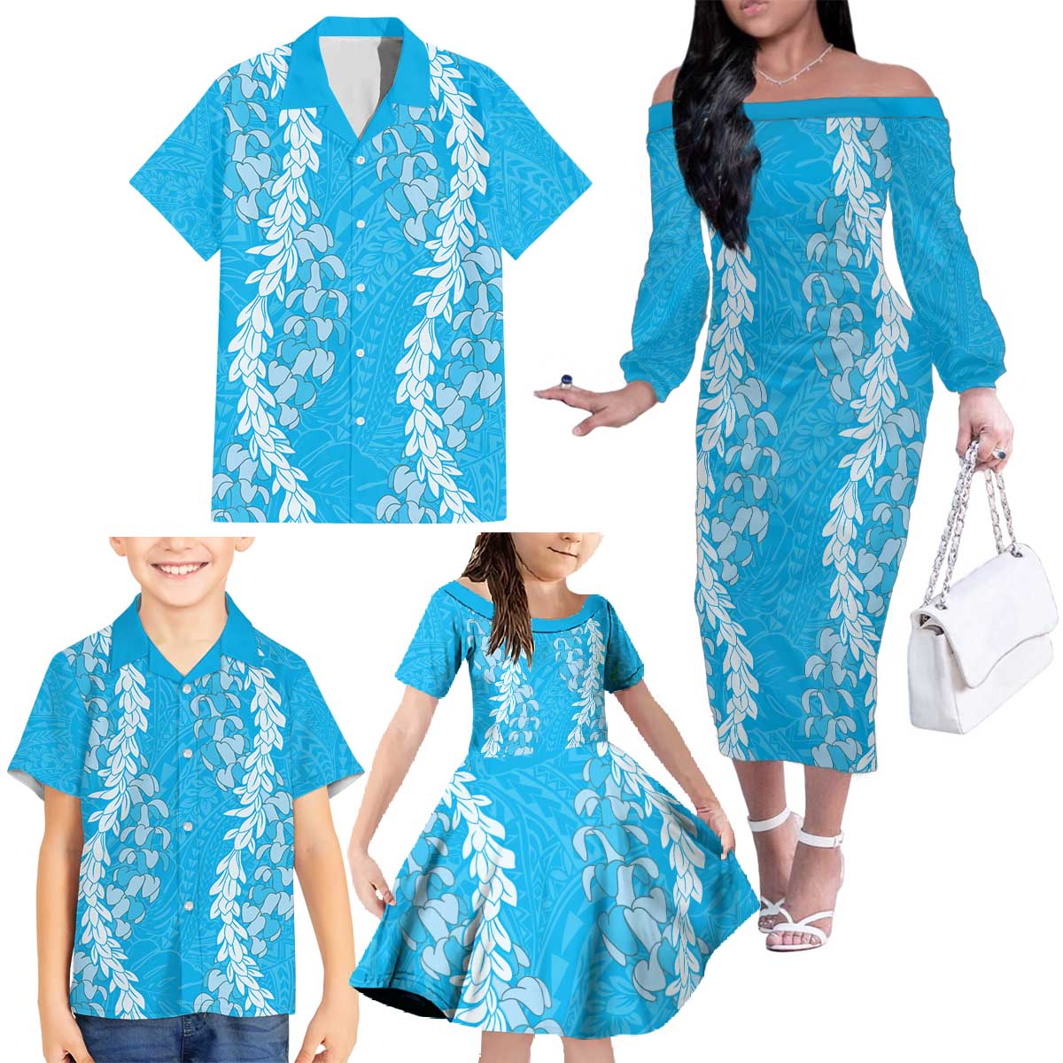 Puakenikeni and Maile Lei Family Matching Off The Shoulder Long Sleeve Dress and Hawaiian Shirt Blue Double Strand Lei LT9 - Polynesian Pride
