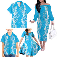 Puakenikeni and Maile Lei Family Matching Off The Shoulder Long Sleeve Dress and Hawaiian Shirt Blue Double Strand Lei LT9 - Polynesian Pride