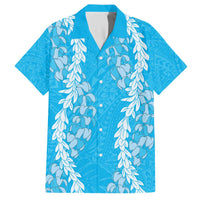 Puakenikeni and Maile Lei Family Matching Off The Shoulder Long Sleeve Dress and Hawaiian Shirt Blue Double Strand Lei LT9 Dad's Shirt - Short Sleeve Blue - Polynesian Pride