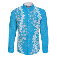 Puakenikeni and Maile Lei Family Matching Off The Shoulder Long Sleeve Dress and Hawaiian Shirt Blue Double Strand Lei LT9 Dad's Shirt - Long Sleeve Blue - Polynesian Pride