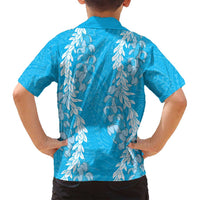 Puakenikeni and Maile Lei Family Matching Off Shoulder Maxi Dress and Hawaiian Shirt Blue Double Strand Lei LT9 - Polynesian Pride