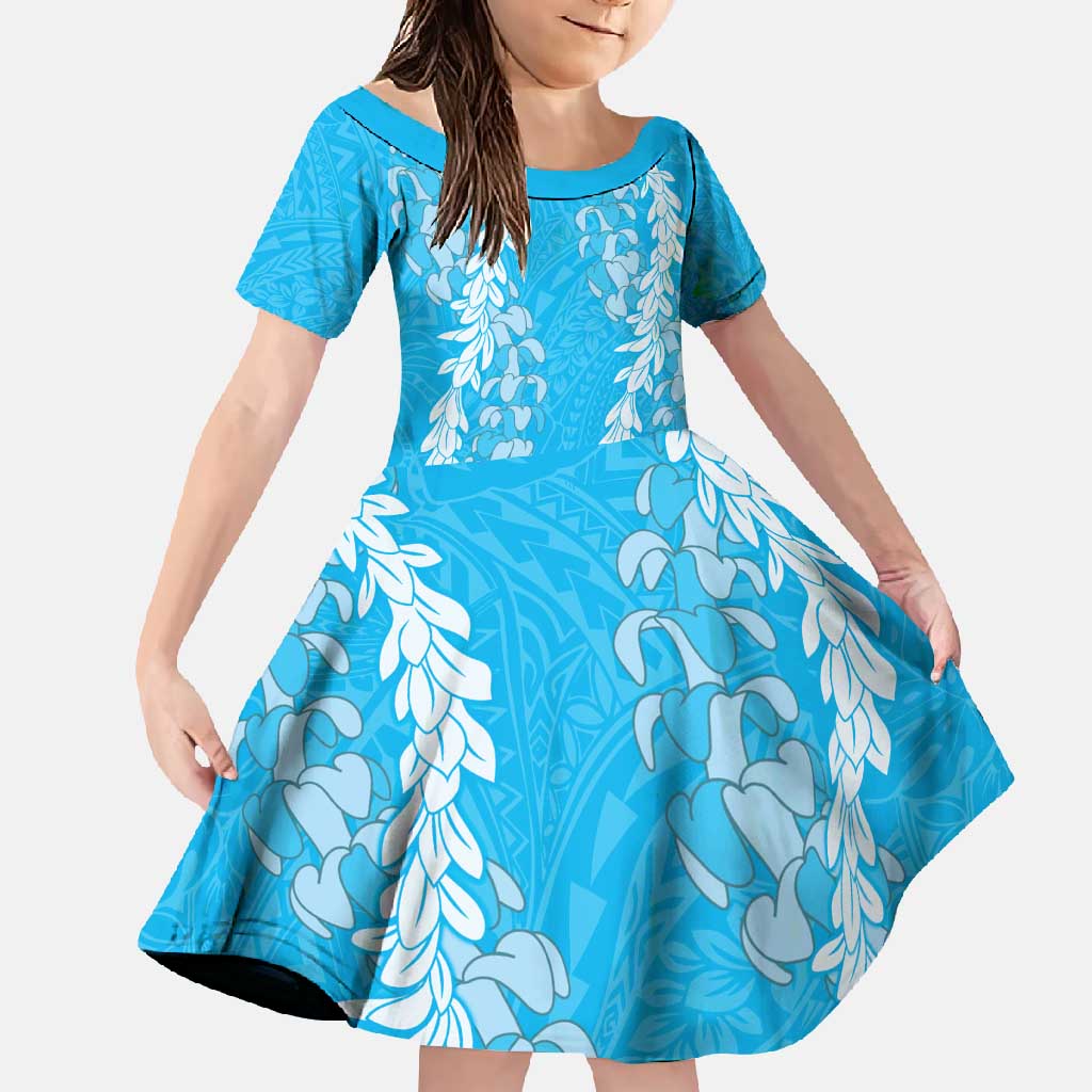 Puakenikeni and Maile Lei Family Matching Off Shoulder Maxi Dress and Hawaiian Shirt Blue Double Strand Lei LT9 Daughter's Dress Blue - Polynesian Pride
