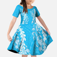 Puakenikeni and Maile Lei Family Matching Off Shoulder Maxi Dress and Hawaiian Shirt Blue Double Strand Lei LT9 Daughter's Dress Blue - Polynesian Pride