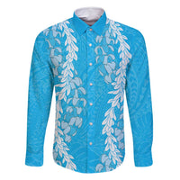 Puakenikeni and Maile Lei Family Matching Off Shoulder Maxi Dress and Hawaiian Shirt Blue Double Strand Lei LT9 Dad's Shirt - Long Sleeve Blue - Polynesian Pride