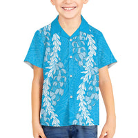 Puakenikeni and Maile Lei Family Matching Off Shoulder Maxi Dress and Hawaiian Shirt Blue Double Strand Lei LT9 Son's Shirt Blue - Polynesian Pride