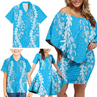 Puakenikeni and Maile Lei Family Matching Off Shoulder Short Dress and Hawaiian Shirt Blue Double Strand Lei LT9 - Polynesian Pride
