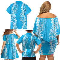 Puakenikeni and Maile Lei Family Matching Off Shoulder Short Dress and Hawaiian Shirt Blue Double Strand Lei LT9 - Polynesian Pride