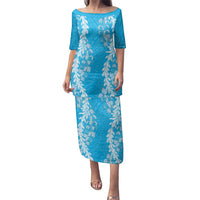 Puakenikeni and Maile Lei Family Matching Puletasi and Hawaiian Shirt Blue Double Strand Lei LT9 Mom's Dress Blue - Polynesian Pride