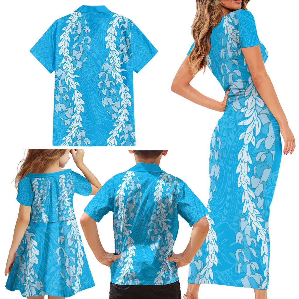 Puakenikeni and Maile Lei Family Matching Short Sleeve Bodycon Dress and Hawaiian Shirt Blue Double Strand Lei LT9 - Polynesian Pride