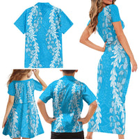 Puakenikeni and Maile Lei Family Matching Short Sleeve Bodycon Dress and Hawaiian Shirt Blue Double Strand Lei LT9 - Polynesian Pride