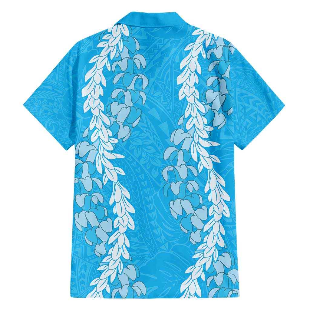 Puakenikeni and Maile Lei Family Matching Short Sleeve Bodycon Dress and Hawaiian Shirt Blue Double Strand Lei LT9 - Polynesian Pride