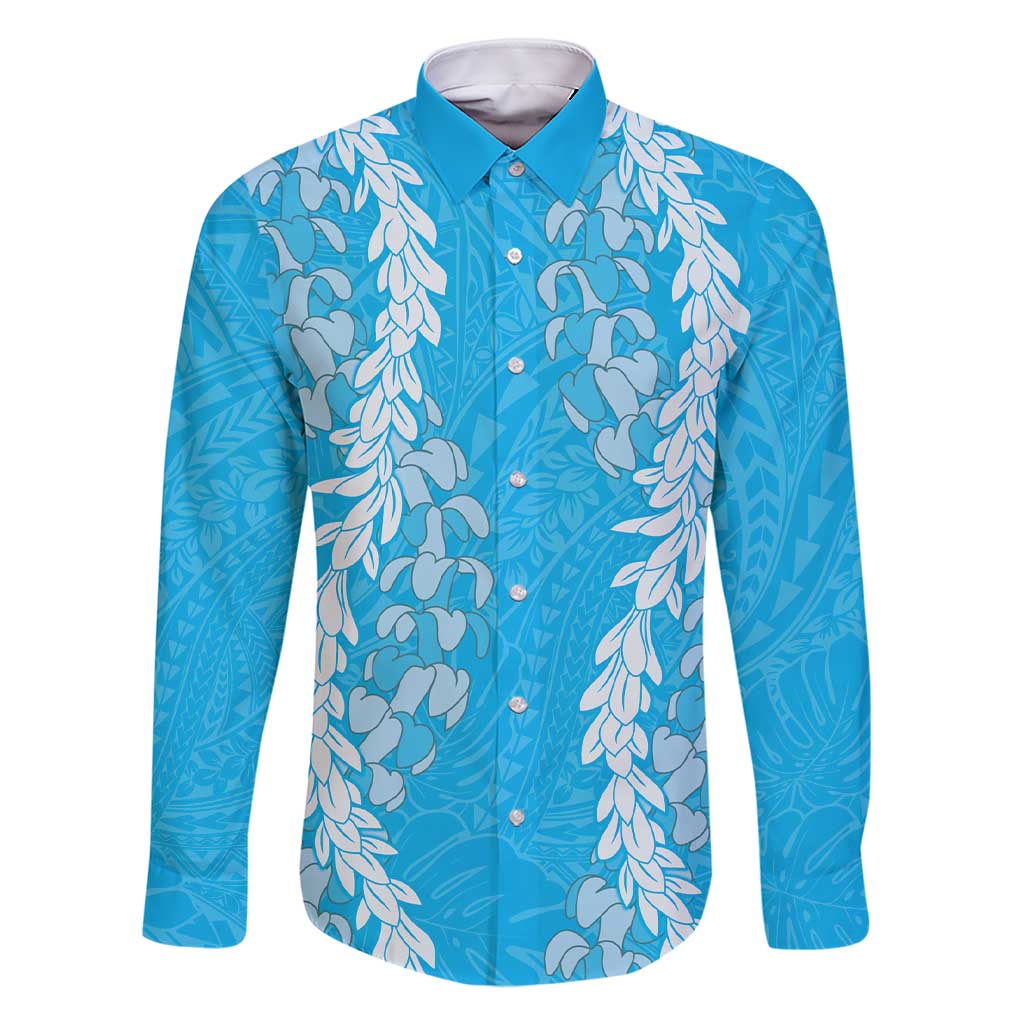 Puakenikeni and Maile Lei Family Matching Short Sleeve Bodycon Dress and Hawaiian Shirt Blue Double Strand Lei LT9 Dad's Shirt - Long Sleeve Blue - Polynesian Pride