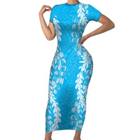 Puakenikeni and Maile Lei Family Matching Short Sleeve Bodycon Dress and Hawaiian Shirt Blue Double Strand Lei LT9 Mom's Dress Blue - Polynesian Pride