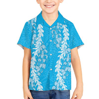 Puakenikeni and Maile Lei Family Matching Short Sleeve Bodycon Dress and Hawaiian Shirt Blue Double Strand Lei LT9 Son's Shirt Blue - Polynesian Pride