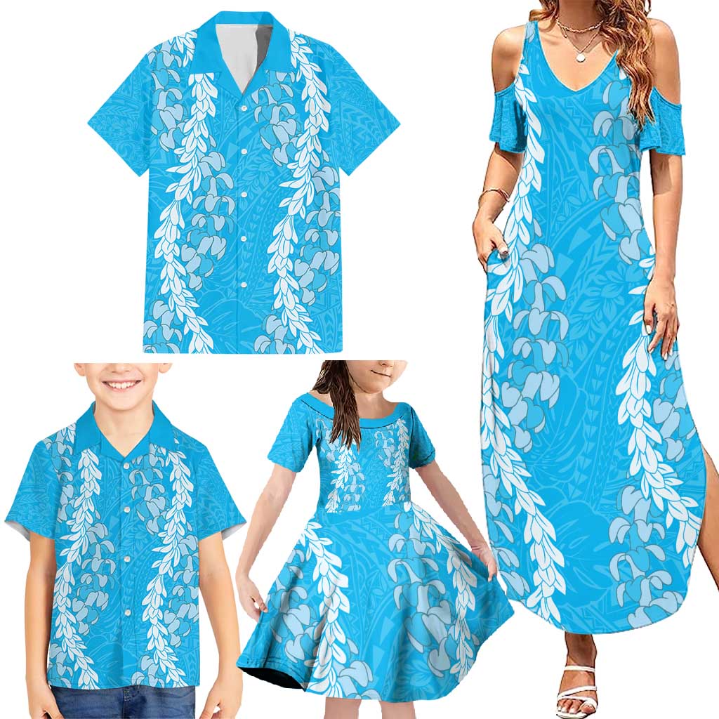 Puakenikeni and Maile Lei Family Matching Summer Maxi Dress and Hawaiian Shirt Blue Double Strand Lei LT9 - Polynesian Pride
