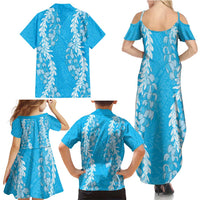 Puakenikeni and Maile Lei Family Matching Summer Maxi Dress and Hawaiian Shirt Blue Double Strand Lei LT9 - Polynesian Pride