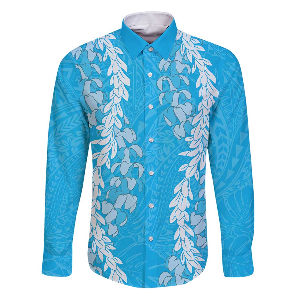 Puakenikeni and Maile Lei Family Matching Summer Maxi Dress and Hawaiian Shirt Blue Double Strand Lei LT9 Dad's Shirt - Long Sleeve Blue - Polynesian Pride