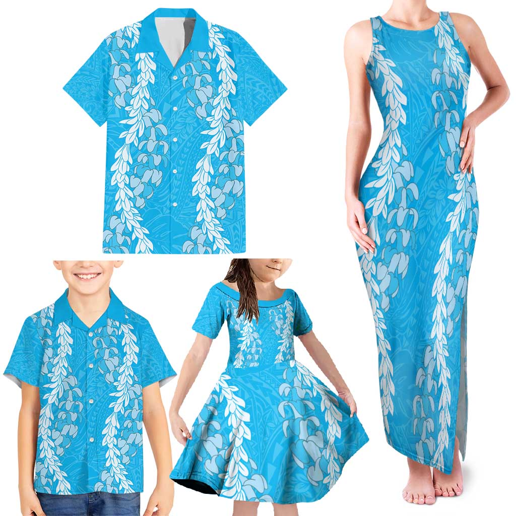 Puakenikeni and Maile Lei Family Matching Tank Maxi Dress and Hawaiian Shirt Blue Double Strand Lei LT9 - Polynesian Pride