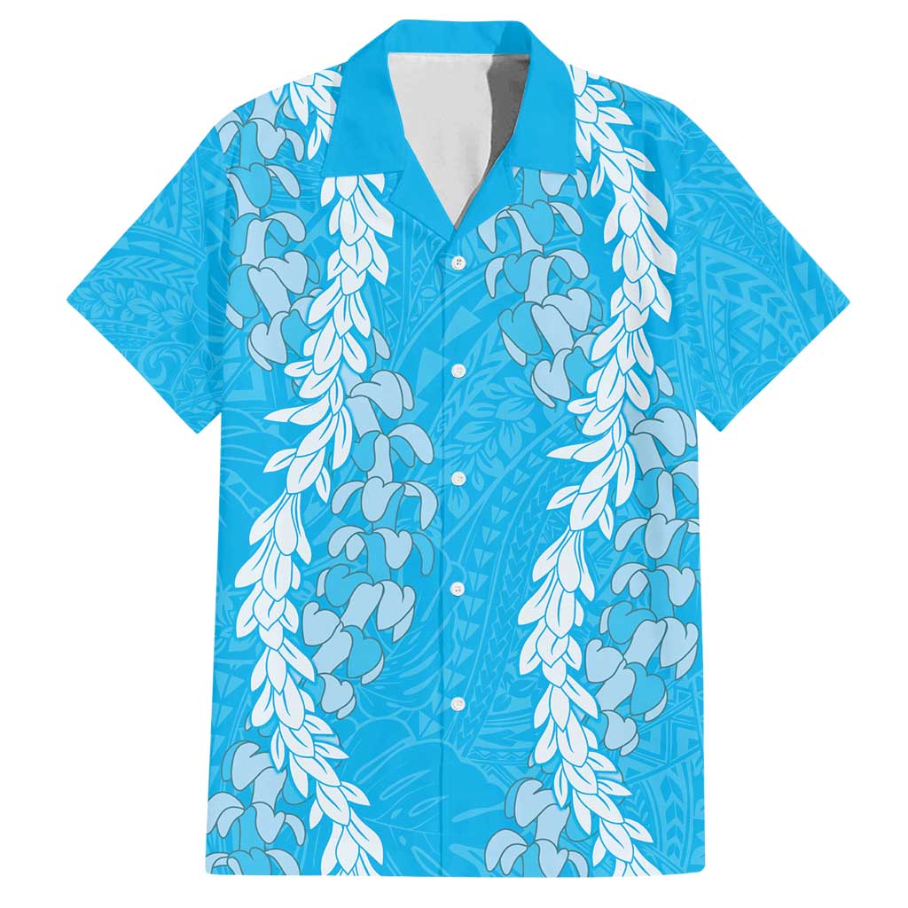 Puakenikeni and Maile Lei Family Matching Tank Maxi Dress and Hawaiian Shirt Blue Double Strand Lei LT9 Dad's Shirt - Short Sleeve Blue - Polynesian Pride