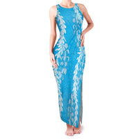Puakenikeni and Maile Lei Family Matching Tank Maxi Dress and Hawaiian Shirt Blue Double Strand Lei LT9 Mom's Dress Blue - Polynesian Pride
