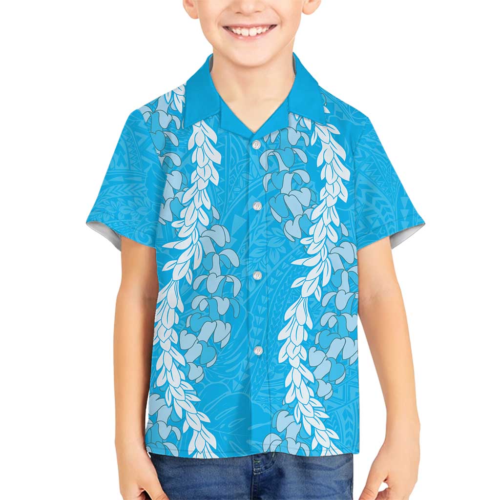 Puakenikeni and Maile Lei Family Matching Tank Maxi Dress and Hawaiian Shirt Blue Double Strand Lei LT9 Son's Shirt Blue - Polynesian Pride