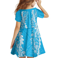 Puakenikeni and Maile Lei Kid Short Sleeve Dress Blue Double Strand Lei