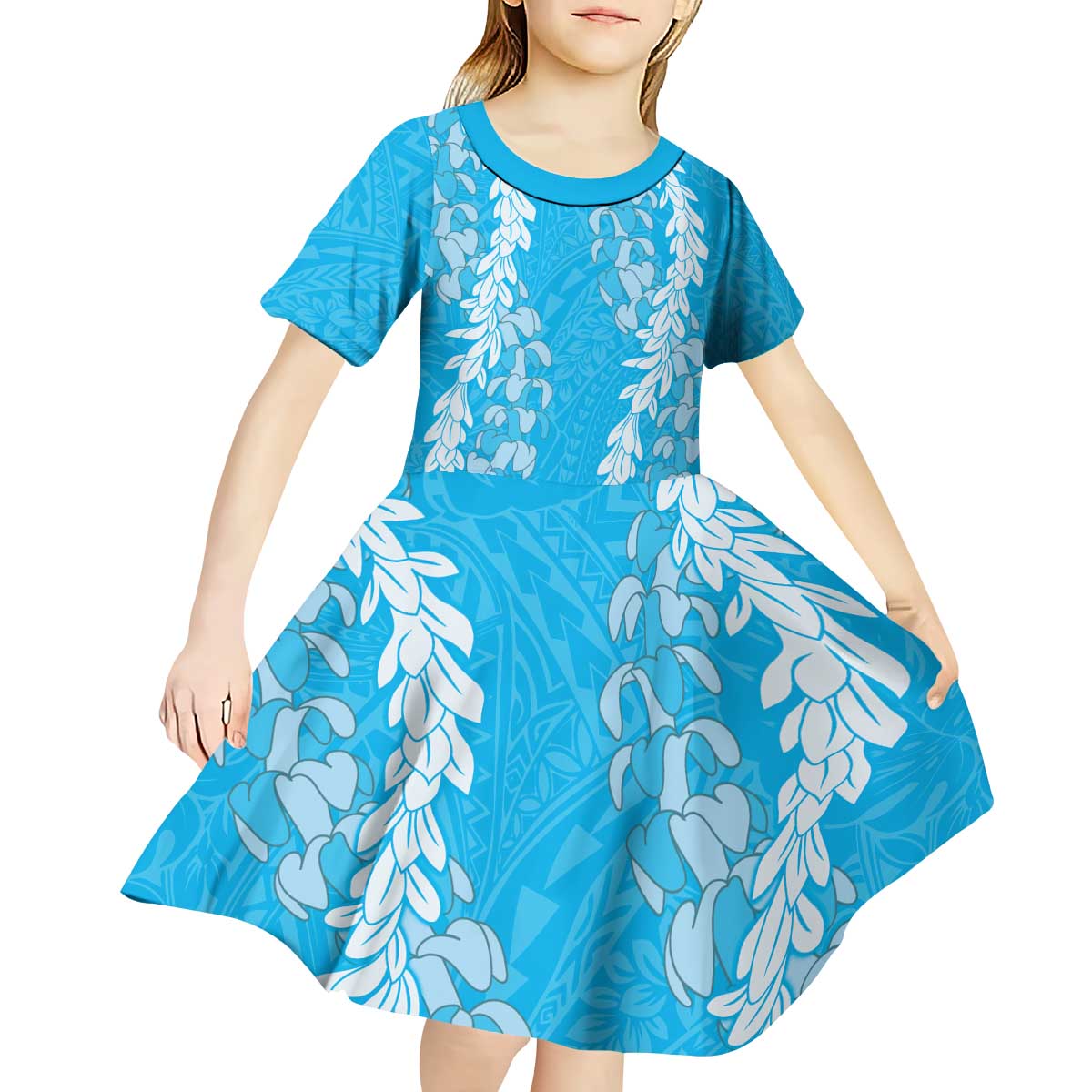 Puakenikeni and Maile Lei Kid Short Sleeve Dress Blue Double Strand Lei