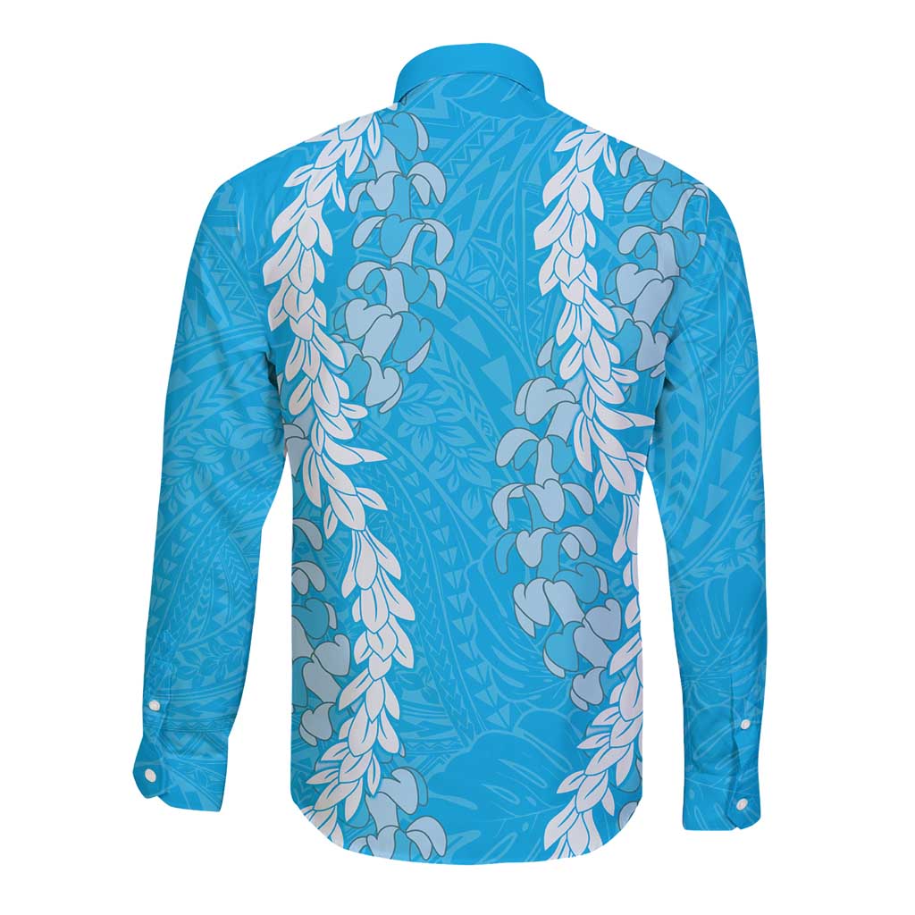 Puakenikeni and Maile Lei Long Sleeve Button Shirt Blue Double Strand Lei