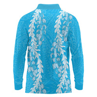 Puakenikeni and Maile Lei Long Sleeve Polo Shirt Blue Double Strand Lei