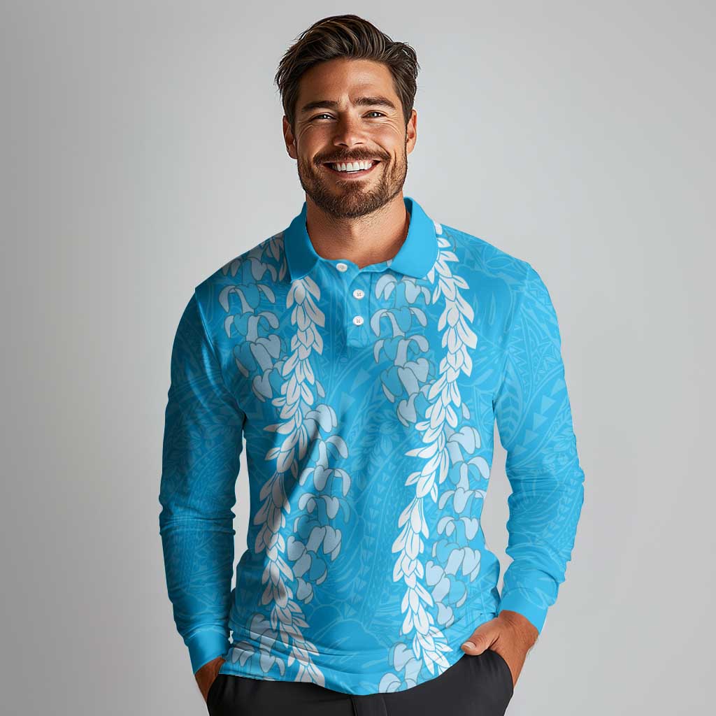 Puakenikeni and Maile Lei Long Sleeve Polo Shirt Blue Double Strand Lei