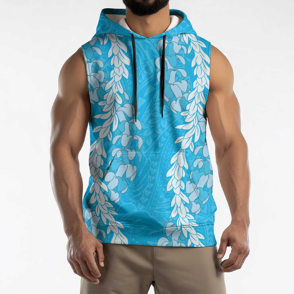 Puakenikeni and Maile Lei Sleeveless Hoodie Blue Double Strand Lei - Polynesian Pride