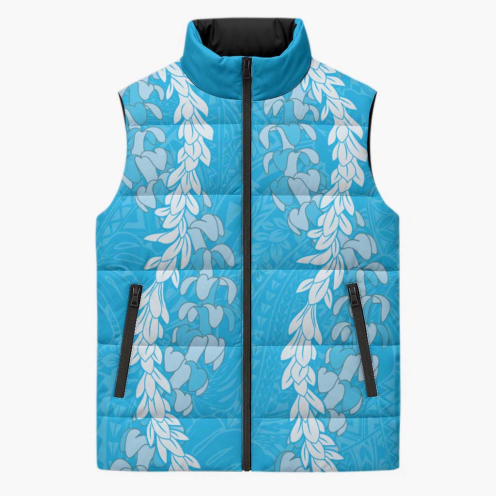 Puakenikeni and Maile Lei Sleeveless Puffer Jacket Blue Double Strand Lei - Polynesian Pride