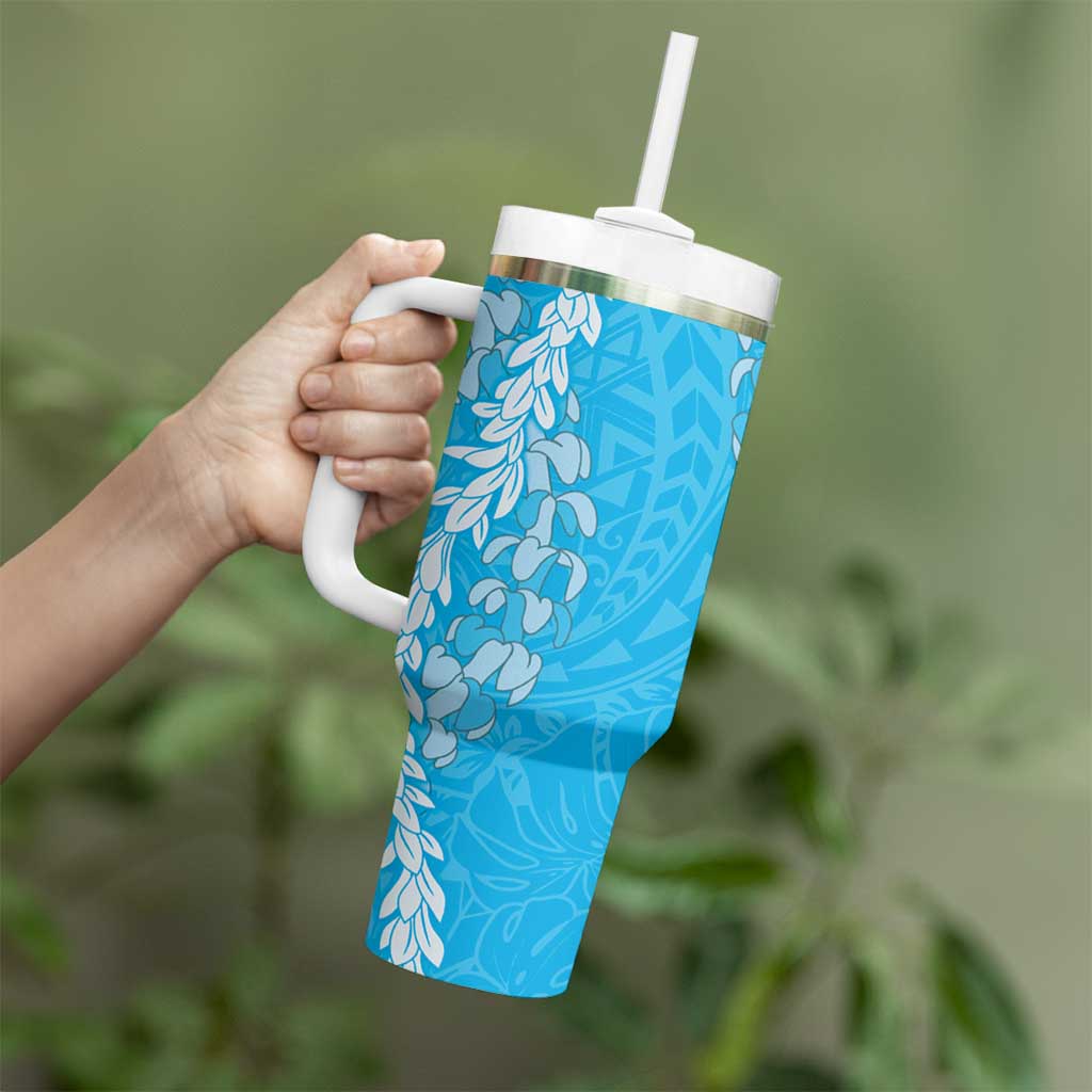 Puakenikeni and Maile Lei Tumbler With Handle Blue Double Strand Lei