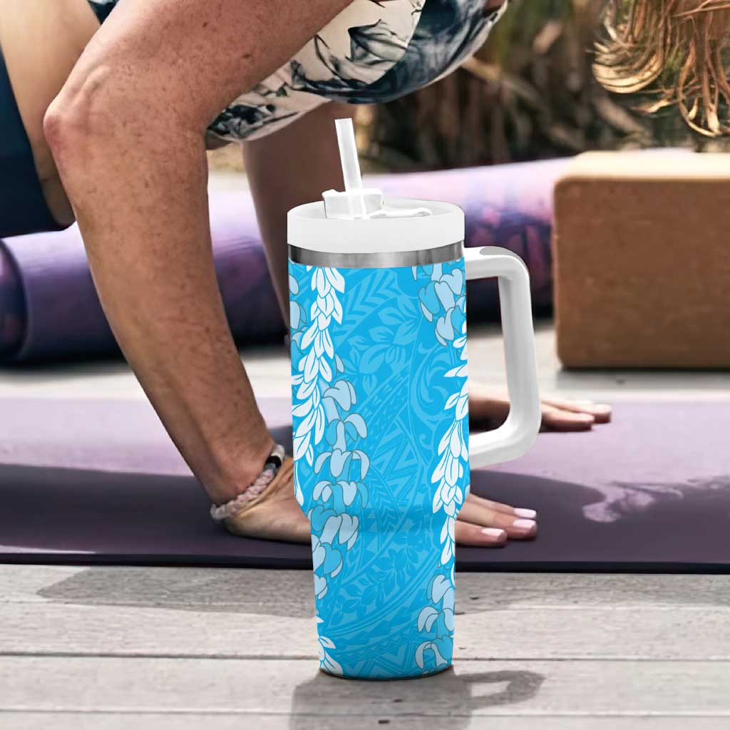 Puakenikeni and Maile Lei Tumbler With Handle Blue Double Strand Lei