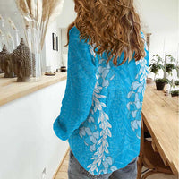 Puakenikeni and Maile Lei Women Casual Shirt Blue Double Strand Lei