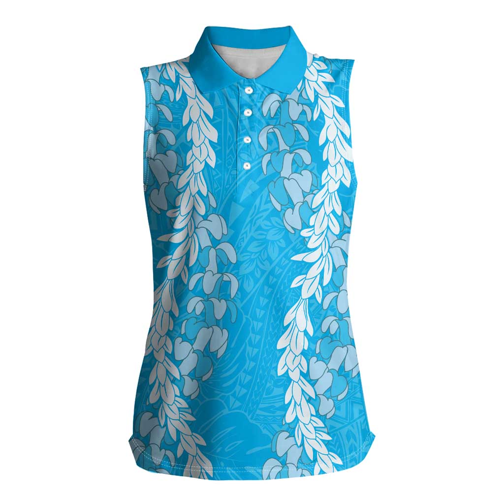 Puakenikeni and Maile Lei Women Sleeveless Polo Shirt Blue Double Strand Lei