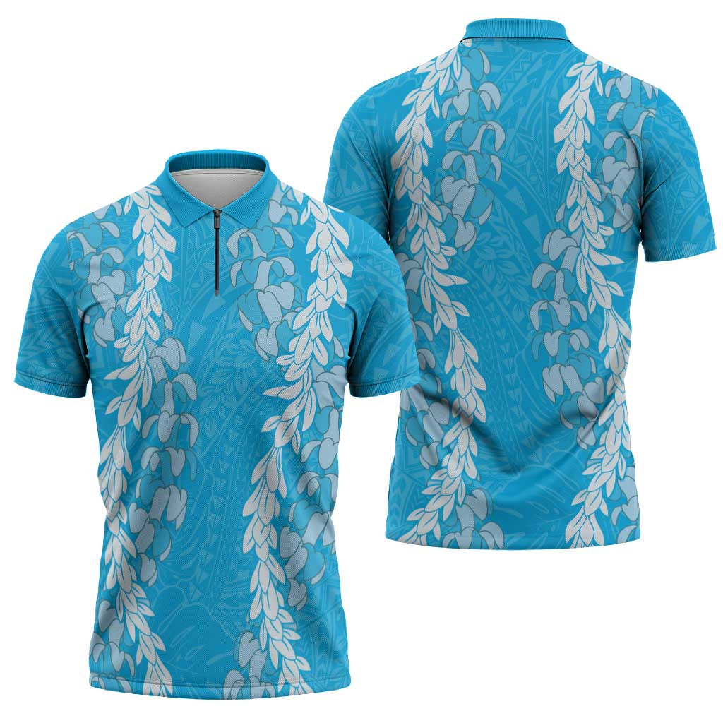 Puakenikeni and Maile Lei Zipper Polo Shirt Blue Double Strand Lei - Polynesian Pride