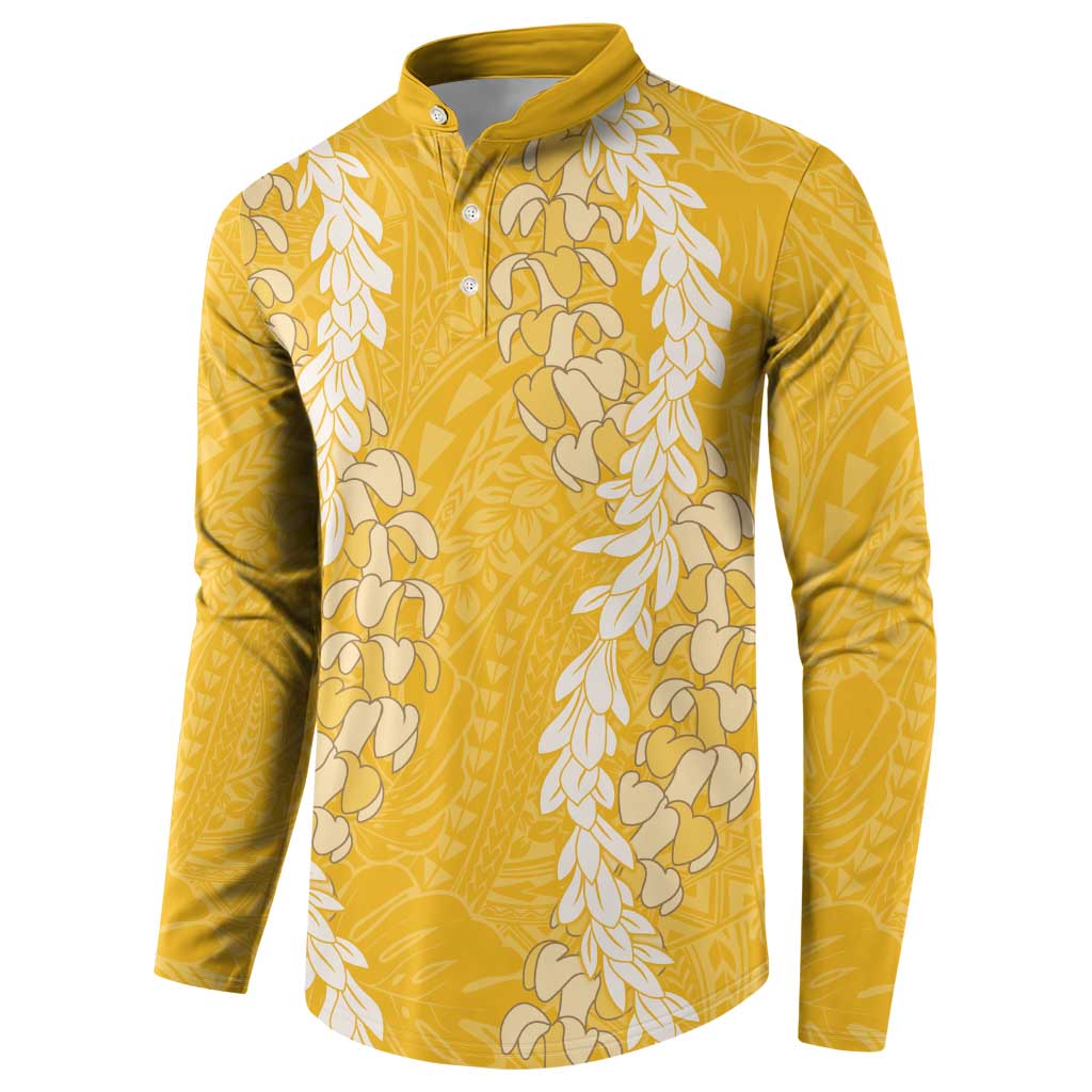 Puakenikeni and Maile Lei Button Sweatshirt Gold Double Strand Lei