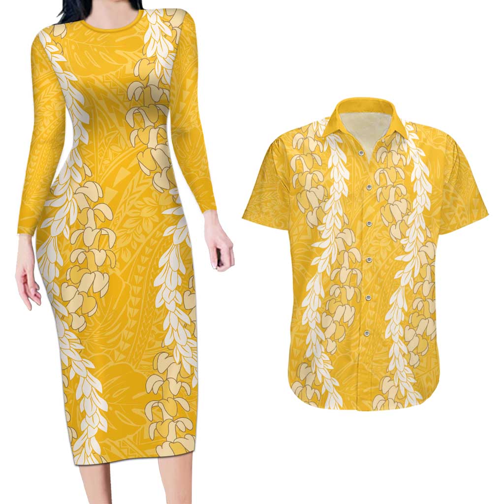 Puakenikeni and Maile Lei Couples Matching Long Sleeve Bodycon Dress and Hawaiian Shirt Gold Double Strand Lei