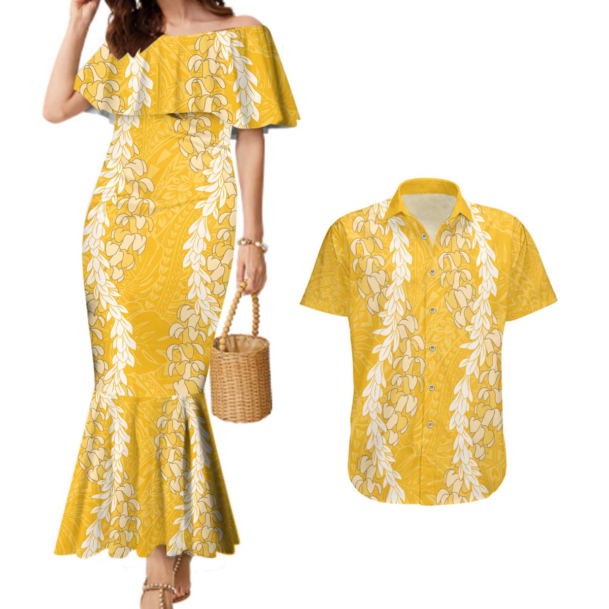 Puakenikeni and Maile Lei Couples Matching Mermaid Dress and Hawaiian Shirt Gold Double Strand Lei