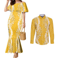 Puakenikeni and Maile Lei Couples Matching Mermaid Dress and Long Sleeve Button Shirt Gold Double Strand Lei