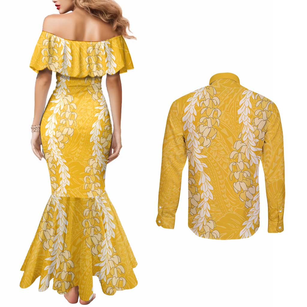 Puakenikeni and Maile Lei Couples Matching Mermaid Dress and Long Sleeve Button Shirt Gold Double Strand Lei