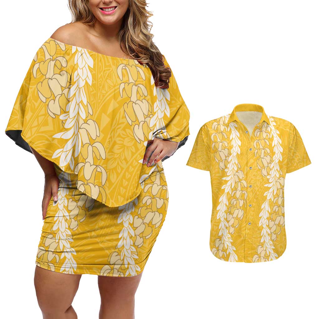 Puakenikeni and Maile Lei Couples Matching Off Shoulder Short Dress and Hawaiian Shirt Gold Double Strand Lei