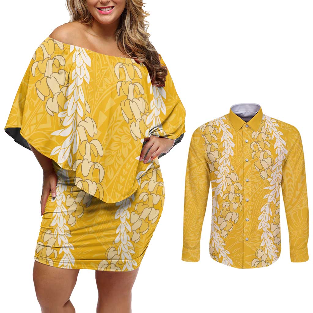 Puakenikeni and Maile Lei Couples Matching Off Shoulder Short Dress and Long Sleeve Button Shirt Gold Double Strand Lei