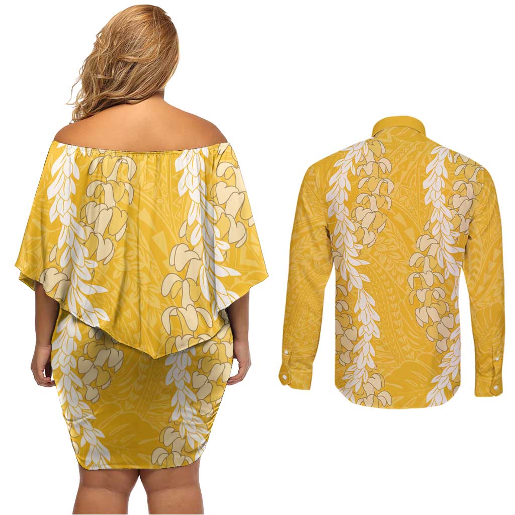 Puakenikeni and Maile Lei Couples Matching Off Shoulder Short Dress and Long Sleeve Button Shirt Gold Double Strand Lei LT9 - Polynesian Pride