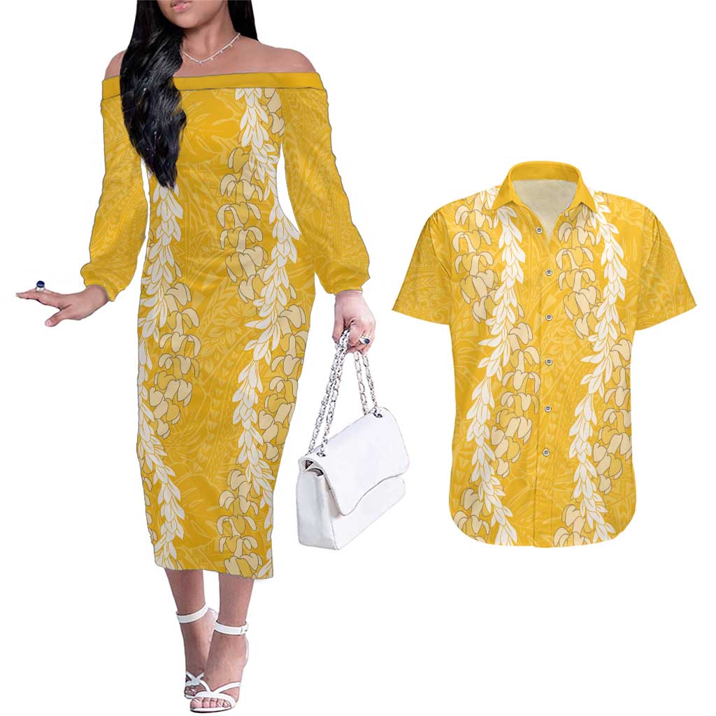 Puakenikeni and Maile Lei Couples Matching Off The Shoulder Long Sleeve Dress and Hawaiian Shirt Gold Double Strand Lei LT9 Gold - Polynesian Pride