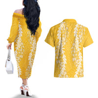 Puakenikeni and Maile Lei Couples Matching Off The Shoulder Long Sleeve Dress and Hawaiian Shirt Gold Double Strand Lei LT9 - Polynesian Pride