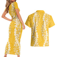 Puakenikeni and Maile Lei Couples Matching Short Sleeve Bodycon Dress and Hawaiian Shirt Gold Double Strand Lei LT9 - Polynesian Pride